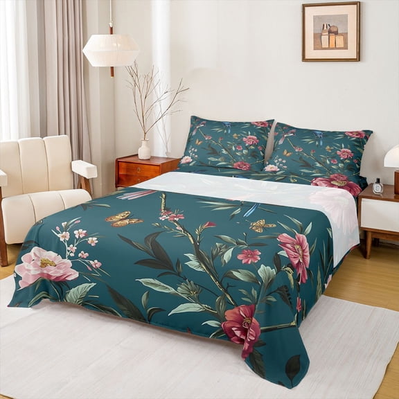 Castle Fairy Animal Birds Butterflies Twin Sheet Sets 3pcs for Boys Girls,Chic Floral Flowers Twin Fitted Sheet Microfiber,Vintage Aesthetic Breathable Flat Sheet,Luxury Bedroom Decor