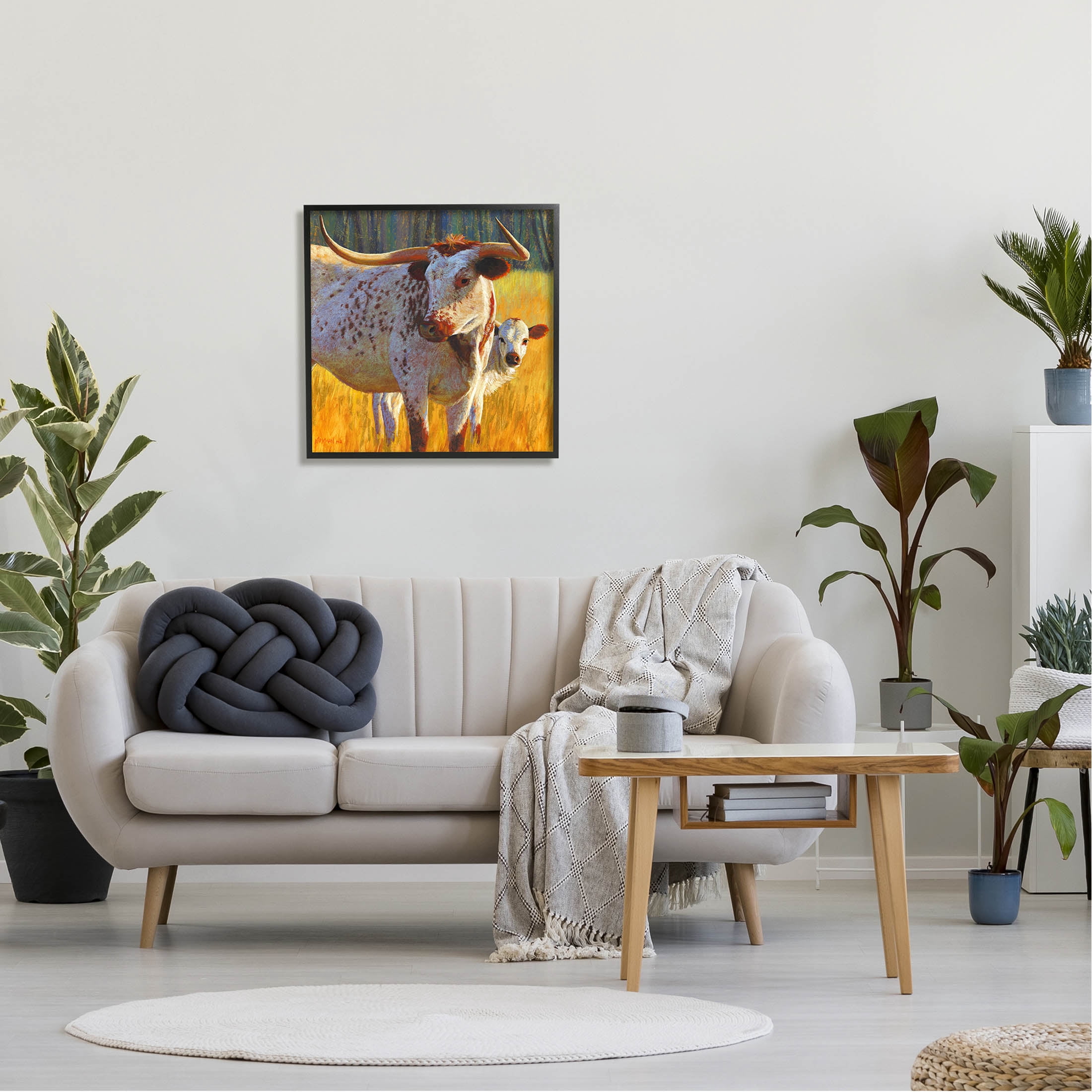 Longhorn Cow Calf Grassland Farm Animals & Insects Painting Black Framed Art Print Wall Art