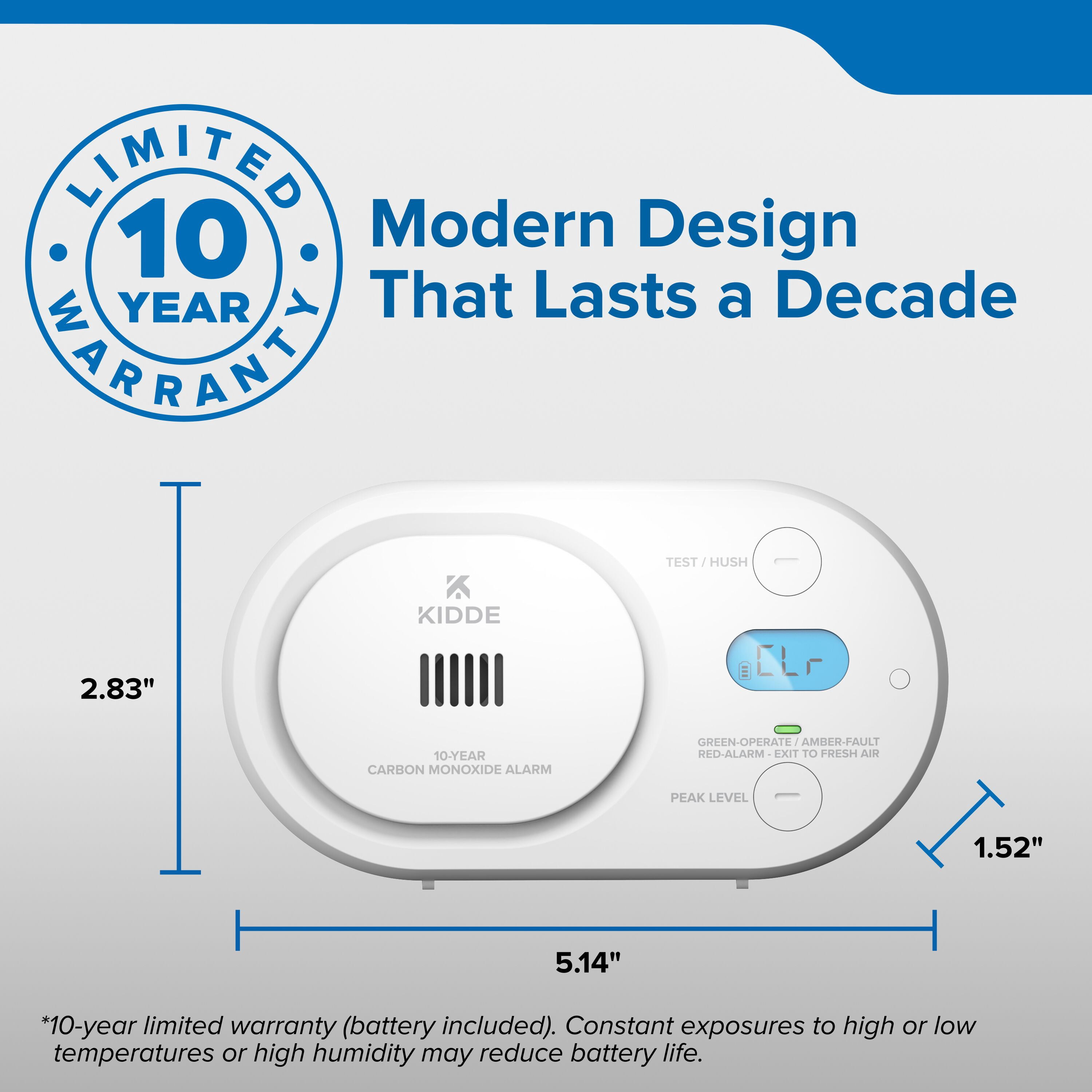 Kidde Carbon Monoxide Detector, 10-Year Battery, LED Status Indicators, 85 dB Alarm, COBD10