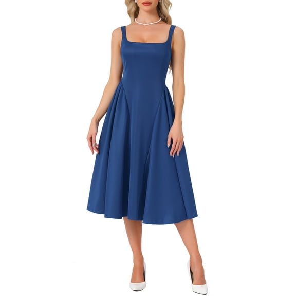 Women Sleeveless Square Neck Midi DressSwing A Line Party Wedding Guest Dresses Elegant Classy S Navy Blue