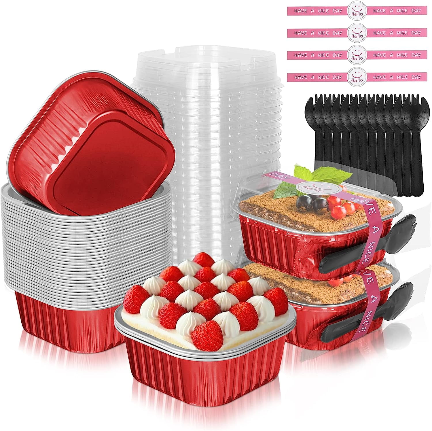 10oz Aluminum Foil Brownie Pans with Lids, 40 Pack Square Cake Pans, Disposable Ramekins Cupcake