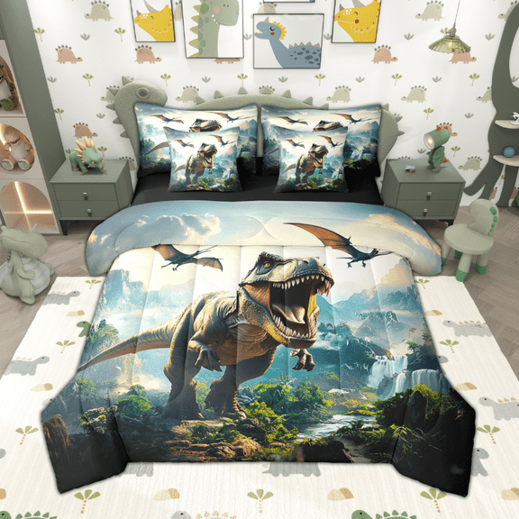 Manfei Kids Dinosaur Twin Bedding Sets 7pcs for Boys, Tyrannosaurus Rex Bedding Comforter Set, Wild Jungle Animal Sheet Sets, Ultra Soft Home Decor