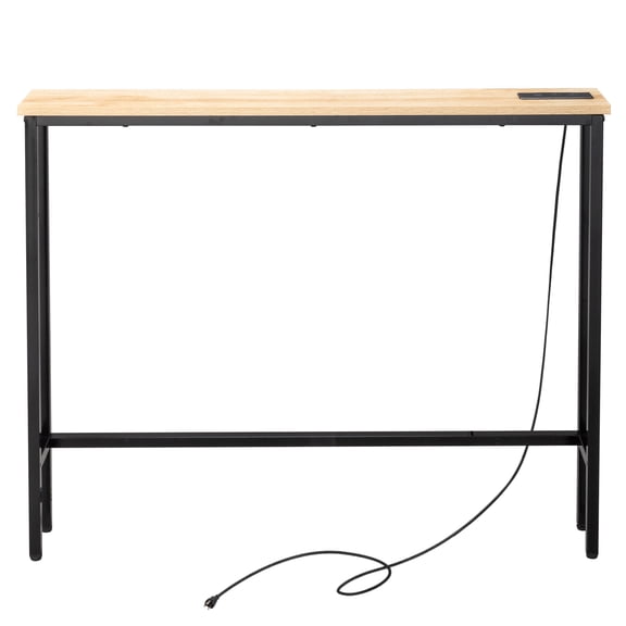 39.4" Narrow Console Sofa Table with Power Outlets and USB Ports, Skinny Couch Table with Metal Frame and Charge Station with 4.9ft Extension Cord, Oak