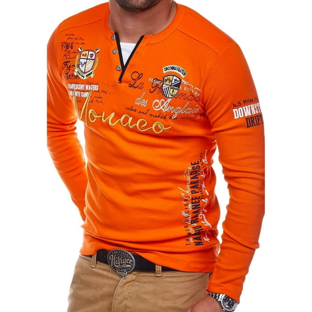 MAWCLOS Men Casual Long Sleeve Pullover Work Western Denim Printed T Shirts Orange Red S