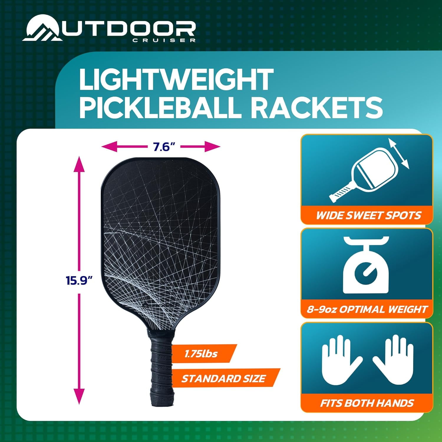 Outdoor Cruiser Pickleball Racket Set - Carbon Fiber USAPA Approved Lightweight Paddles with Polypropylene Honeycomb Core, Skill Levels, Includes 2 Rackets, a Sling Bag, 4 Balls, and 4 Grip Tapes