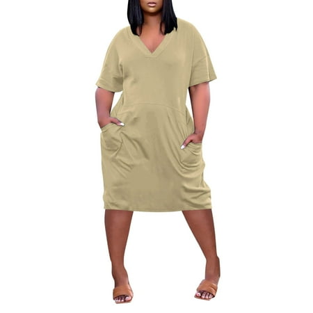 SnnmBlm Women s Corset Dress 2024 Summer Plus Size V Neck Short Sleeve Knee Pocket Casual Dress Cocktail Dresses Camel XL
