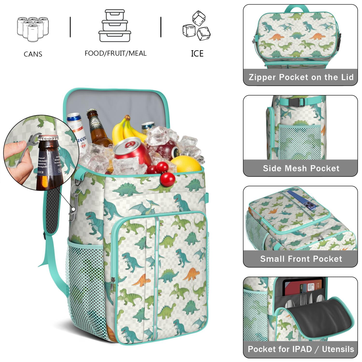 Travel Cooler Bag - Dinosaurs Pattern Camping Beer Cooler Backpack with Bottle Opener- Waterproof Insulated Picnic Backpacks - Cooler Bag for Beach