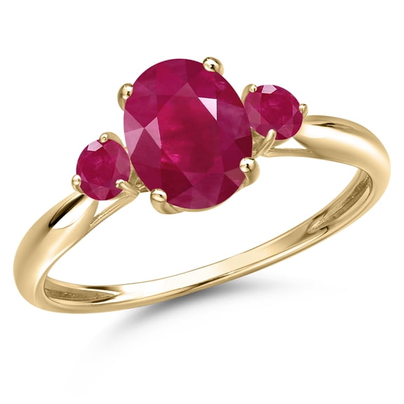 Gem Stone King 10K Yellow Gold Red Ruby 3-Stone Ring for Women | 1.91 Cttw | Oval 8X6MM | Gemstone July Birthstone | Size 8
