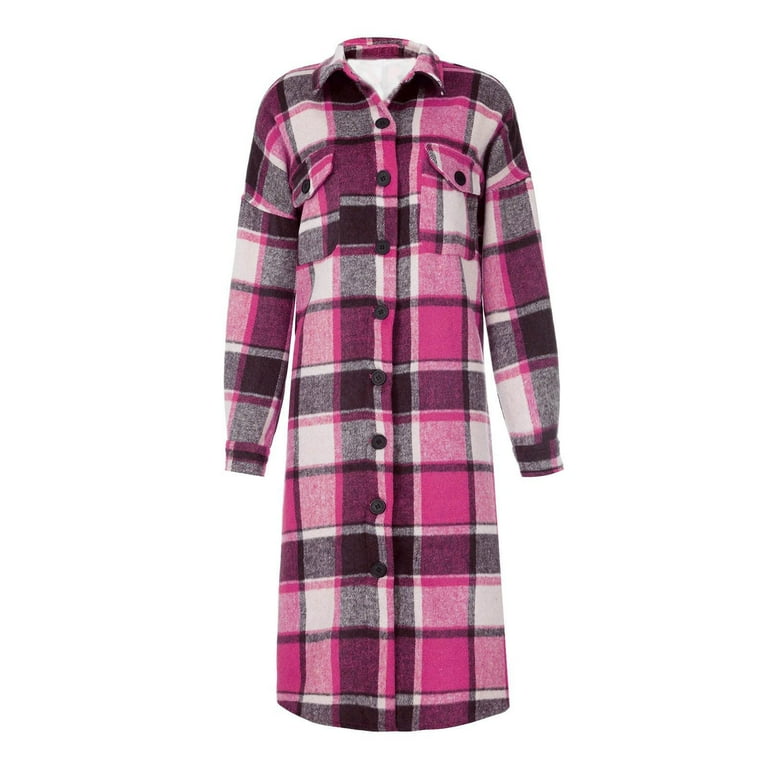 VBTAPA Womens Long Plaid Jacket Button Down Shacket Wool Blend - Main Image