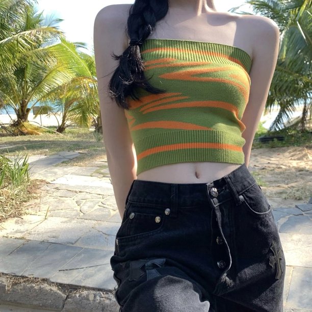 VISgogo Tops de tubo sin tirantes para mujer, tops cortos sin mangas con hombros descubiertos a rayas de punto, ropa de calle para damas, verde VISgogo moda