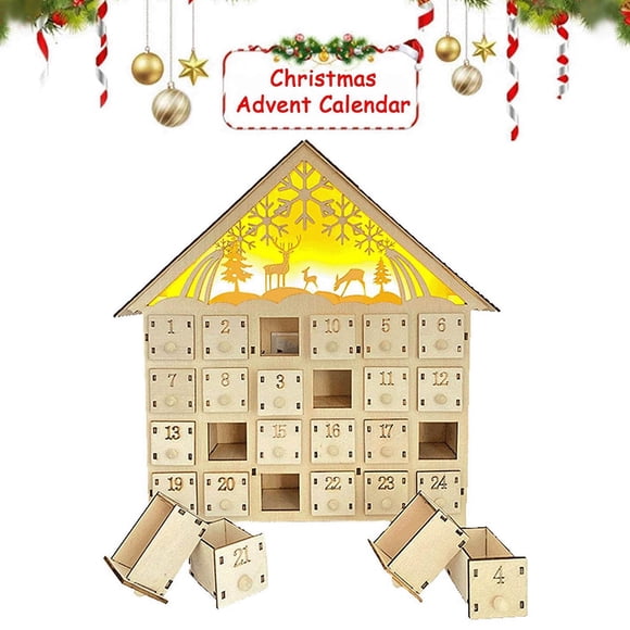 Fiudx Calendario de Adviento de Madera 2022, Caja de Cuenta Regresiva Navideña con 24 Cajones, Decoración con Luz Led, Diseño Navideño Clásico, Almacenamiento de Dulces Diy, Decoración Navideña para