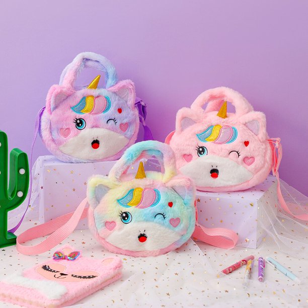 Kid Embroidery Unicorn Plush Toy Crossbody Purses and Handbags Little Girls Rainbow Fluffy Purse Cute Cartoon Furry Shoulder BagB He Qiyong unisex