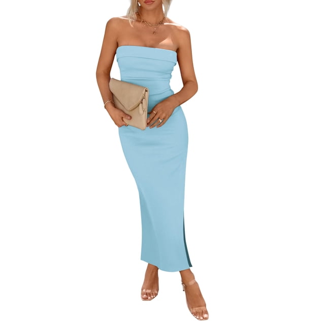 Vestido PRETTYGARDEN Tubo Strapless Maxi con Abertura Lateral Azul Aqua Talla L