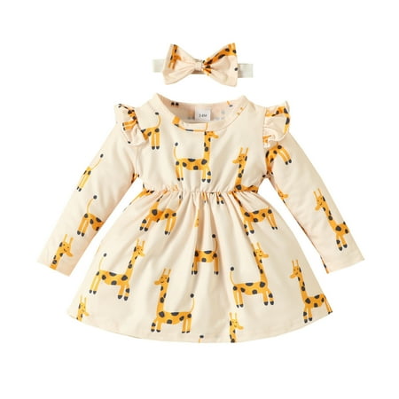 

Toddler Girls Casual Dresses Long Sleeve Ruffles Cartoon Prints Princess Headbands Children Kids Dress Streetwear