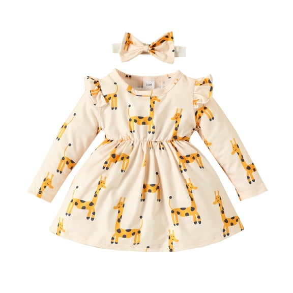 Cathalem Dresses for Girls formal Girl Big Kids Fall Print Long Sleeve Princess Dress Dress Dress for Kids (Yellow,3-6 Months)