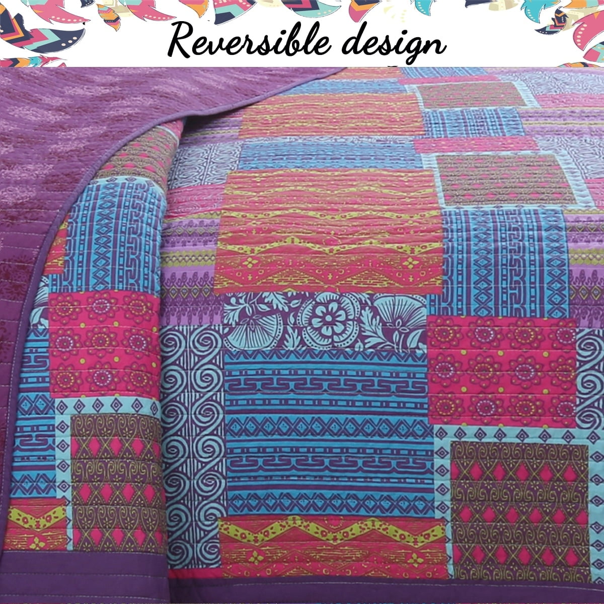 Cozy Line Home Fashions Aldiana 3-Piece Purple Patchwork Reversible Cotton Quilt Bedding Set, Queen