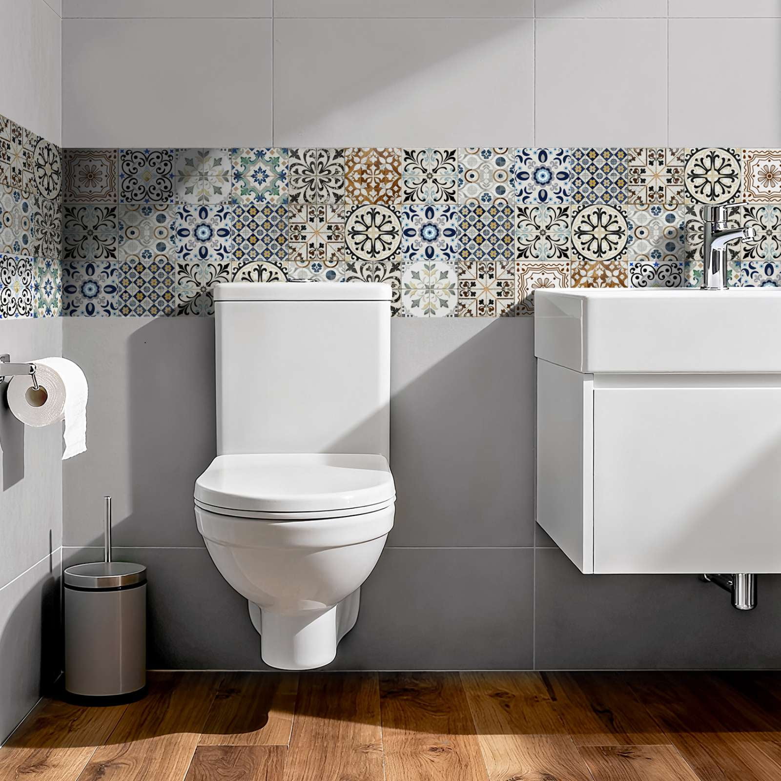 24PCS Mediterranean Style Peel and Stick Wall Tile Decals - 6"x6" Vintage Waterproof Vinyl Moroccan Bohemian Stickers for Kitchen Backsplash, Bathroom, Stair Riser Decor