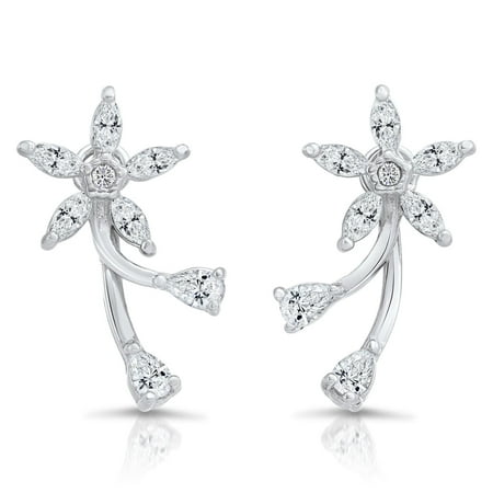 Tilo Jewelry .925 Sterling Silver Daisy Flower Two Leaves Stud Earrings with Cubic Zirconia CZ Stones for Women & Unisex