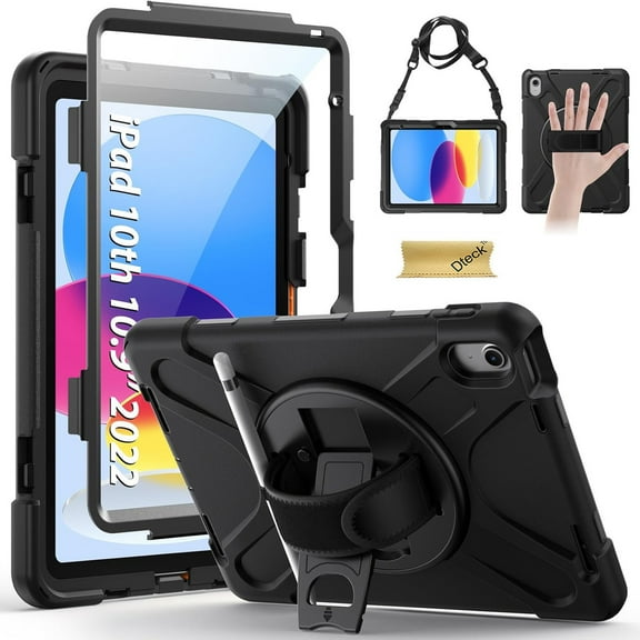 Dteck Case for 2025 Apple 11-inch iPad A16 11th Gen/ iPad 10th Generation 10.9-inch 2022 Case with Built-in Screen Protector, Full Body Protective Cover, Rotating Stand, Hand/Shoulder Strap,Black