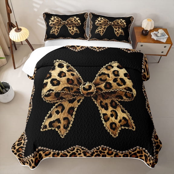 Erosebridal Leopard Print Bowknot Twin Quilt Set,Girls Cute Bows Twin Coverlet Set For Kids,2-Piece