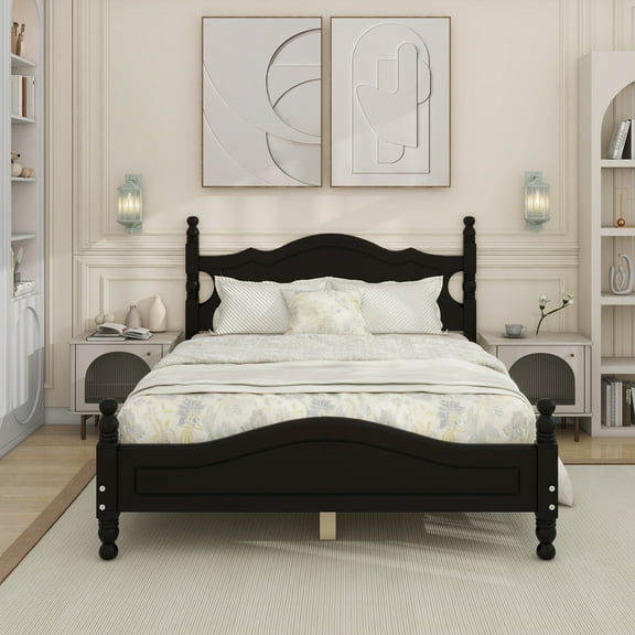 Full Size Wood Platform Bed Frame,Retro Style Platform Bed with Wooden Slat Support,Black