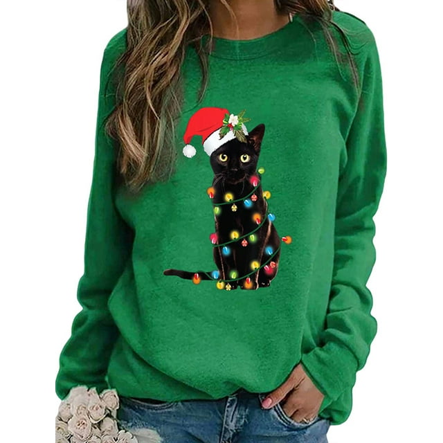 MAWCLOS Chandail en Molleton Femme Imprimé Chat Chandails en Molleton de Noël Manches Longues Chandail de Noël Ample Col Rond Vert TG