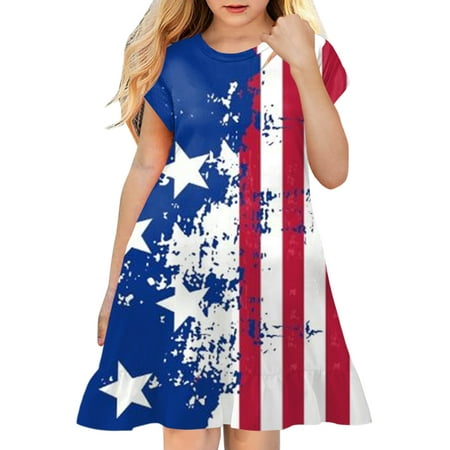 

B91xZ 4th of July Dresses Toddler Kids Girl Fourth Of July Independent Day Star Stripes Prints Short Sleeves Party Princess Pink 7-8 Years