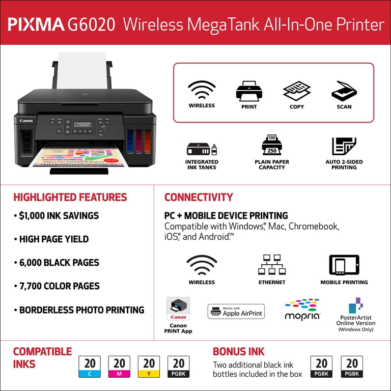 Canon PIXMA G6020 All-In-One Wireless Inkjet Printer for Home