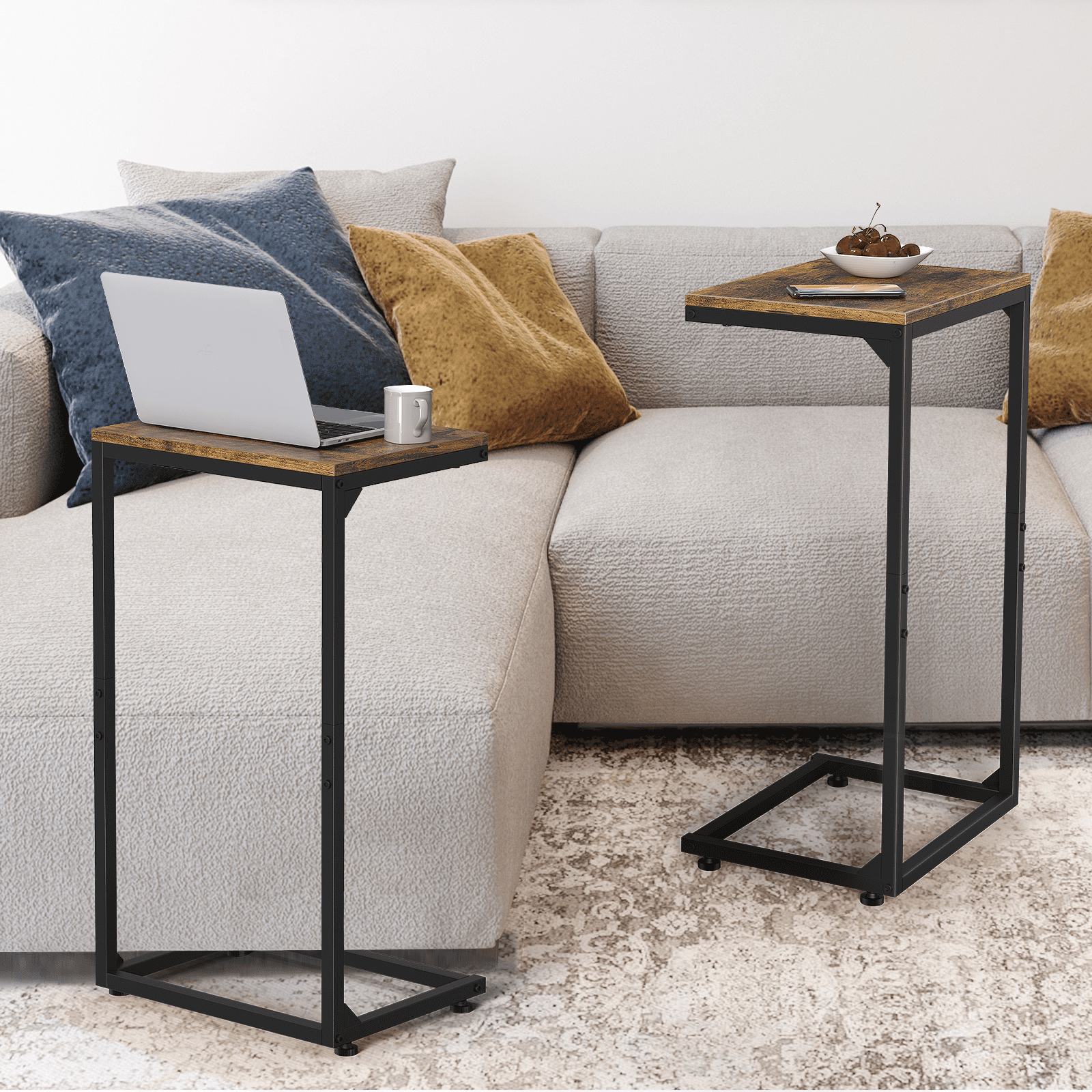 Set of 2 C Shaped Metal End Table with Adjustable Feet, Small Sofa Couch Side Table for Living Room Bedroom, Brown