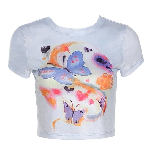 Women‘s Crewneck Crop Tops Butterfly Tie Dye Print Short Sleeve Slim T-Shirts Tops