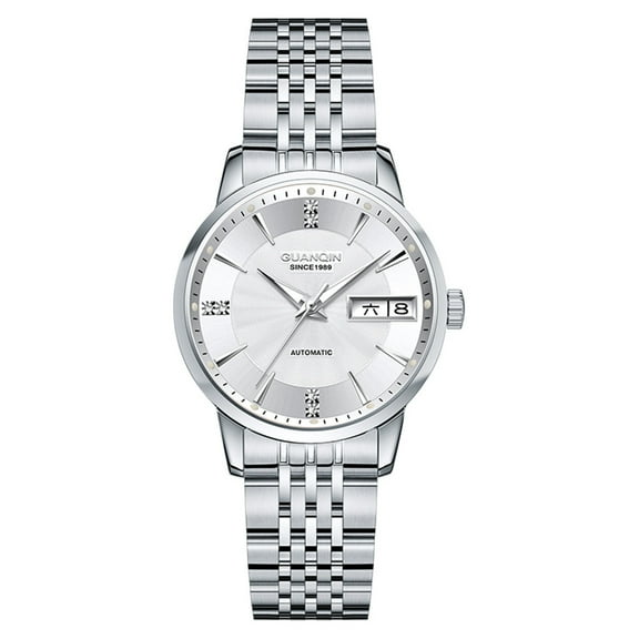 GUANQIN Women Men Couple Calendar Week Rhinestone Vintage Japanese Automatic Self-Winding Mechanical Wrist Watch Steel Sapphire Crystal Waterproof Luminous Business Clock