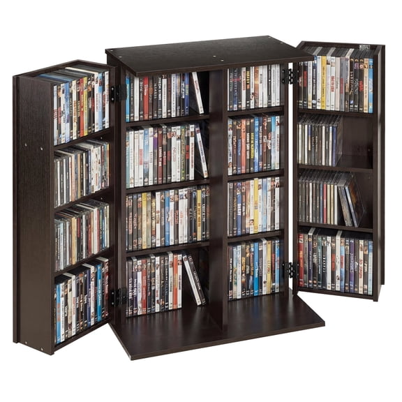 VEVOR Media Storage Cabinet, 4-Tier DVD Shelf Organizer, 24.02 x 14.49 x 33.31 in Multimedia Storage Organizer for CDs, DVDs, Books, Games, CD Shelf for Living Room, Home Office, Recording Room,Brown