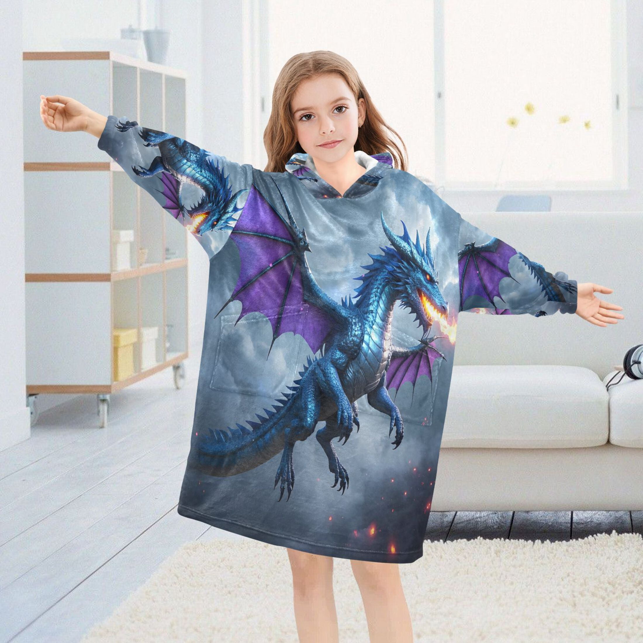 joogoo Wearable Blanket Hoodie Dragon Flying for Flannel Sherpa Pocket 3-14 YR M
