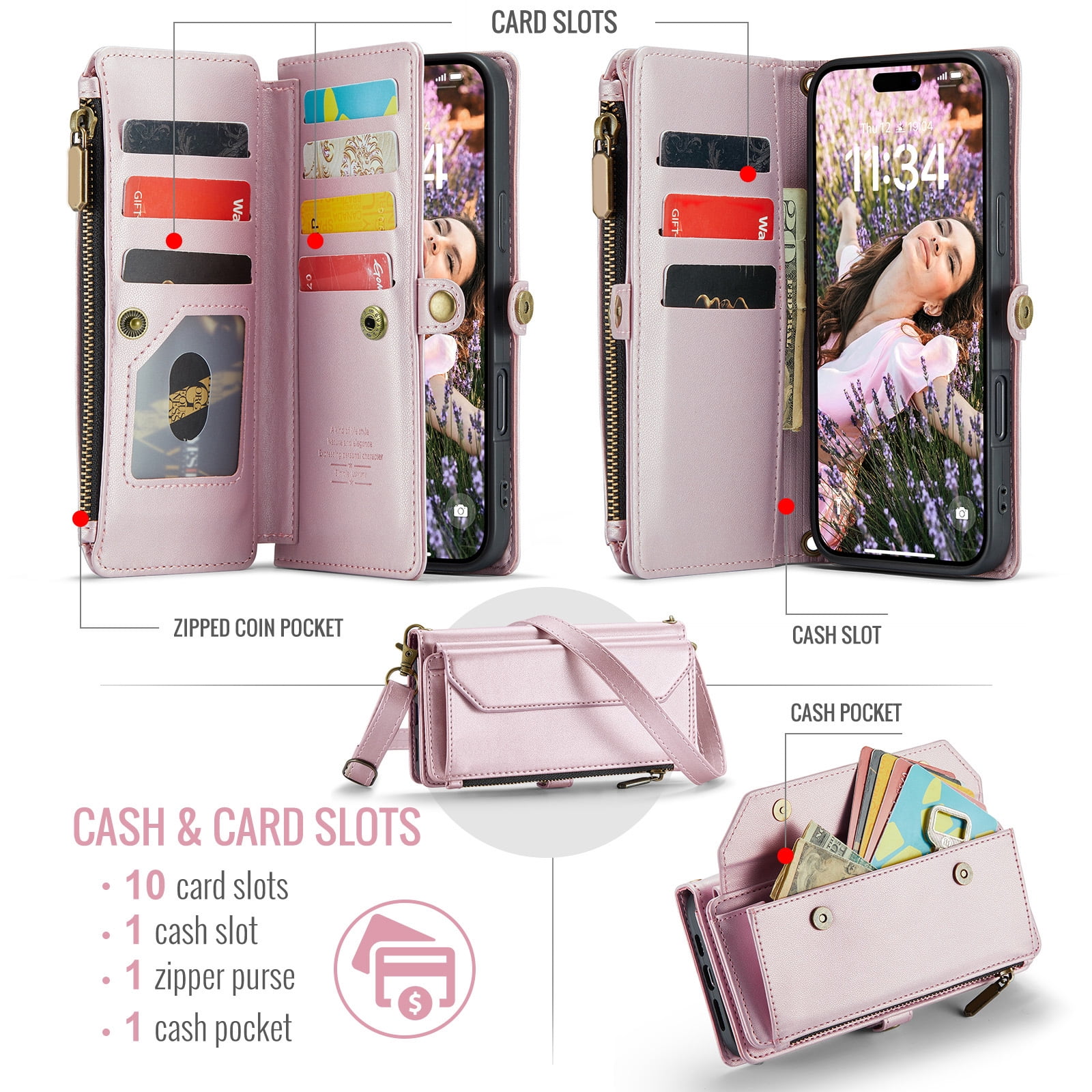 Compatible with iPhone 16 Plus 6.7 inch Zipper Wallet Phone Case Tempered Glass Screen Protector Crossbody Lanyard Strap Flip Card Holder Slot Cell Cover for i Phone16 16+ i16 16Plus Women Rose Gold