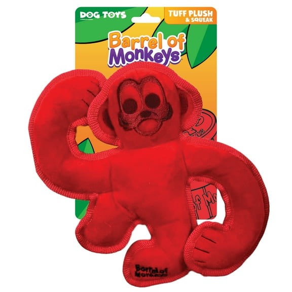 Hasbro Barrel of Monkeys Tough Plush & Squeak Dog Toy, 8 inches, Red
