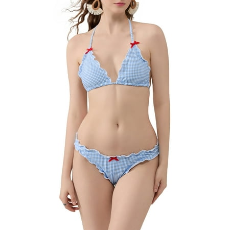Bangyeer Women Y2k Bikinis Sets Bows Halter Tie Up Bikini Top High Cut Elastic Waist Bikini Bottom