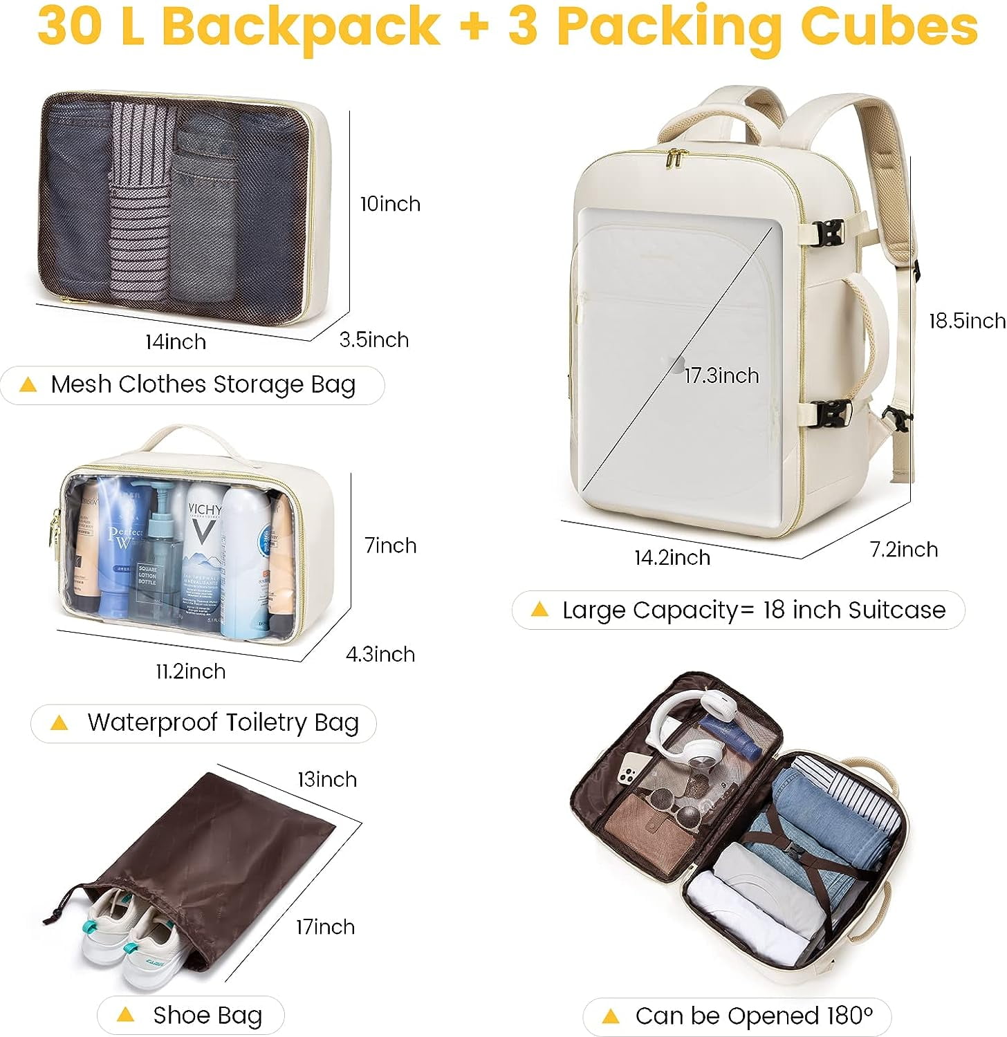 Lovevook Travel Laptop Backpack, Waterproof Carry-on Luggage Backpack Flight Approved Fit 17.3" Laptop,40L Suitcase Daypack Business College Weekend Overnight Bag with 3 Packing Cubes