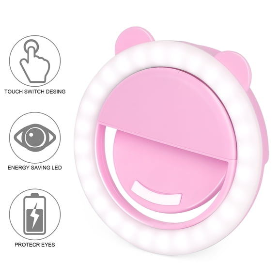 Pink Clip-On Selfie Ring Light with Cute Bear Ears, 3-Level Brightness, Rechargeable LED Light for Phone, Makeup, Video Conference