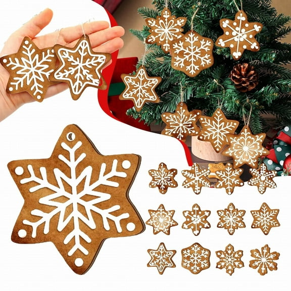 12 Pcs Christmas Gingerbread Ornaments for Tree,Mini Brown Snowflake Wooden Hanging Winter Xmas Ornaments with Ropes for Christmas Party Holiday Winter Crafts(Snowflake)