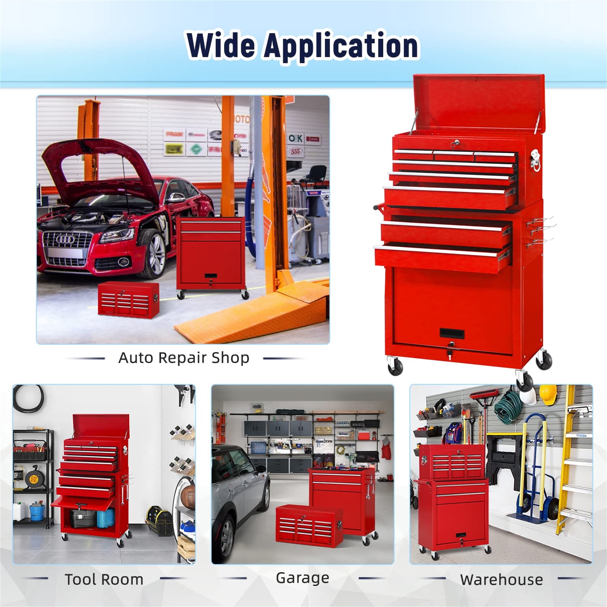 Aukfa Tool Chest, 2in1 Steel Rolling Tool Box & Cabinet On Wheels for Garage, 8-Drawer, Red