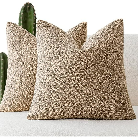 Set of 2, Decorative Textured Boucle Throw Pillow Covers Accent Solid Pillow Cases Soft Cozy Couch Cushion Case for Chair Sofa Bedroom Living Room Home Decor 16 x 16 Inch Taupe Khaki Camel