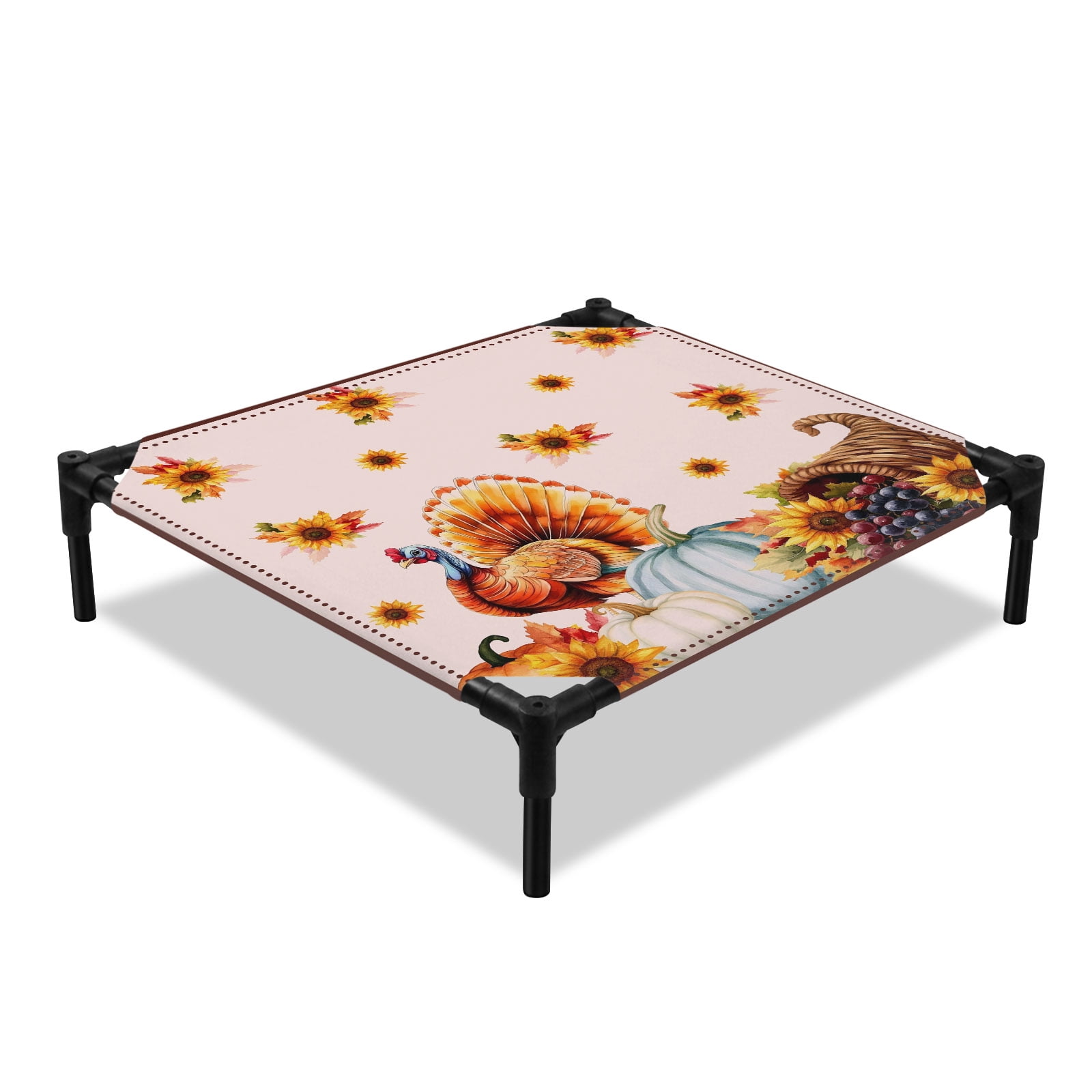 Thanksgiving Elevated Dog Bed Fall Harvest Pink Farm Grapes Pumpkins Sunflowers Plaid Cooling Breathable Outdoor Raised Dog Cot Bed with Metal Frame Non-Slip Feet for Small Dog 20x20in