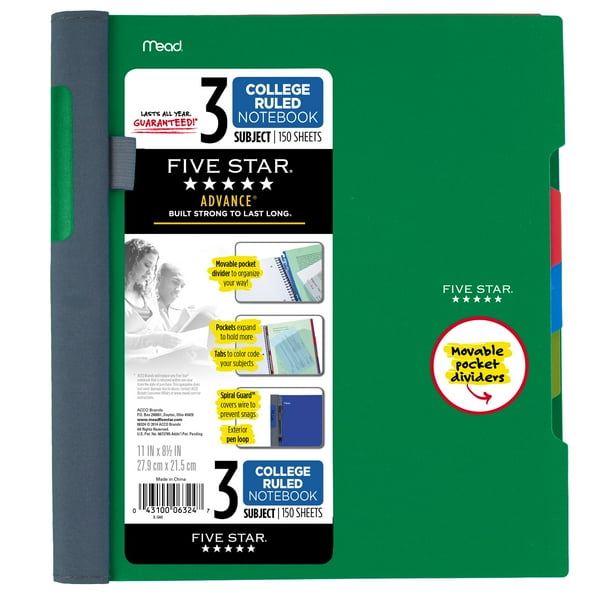 Five Star Advance 3 Subject Notebook, Green
