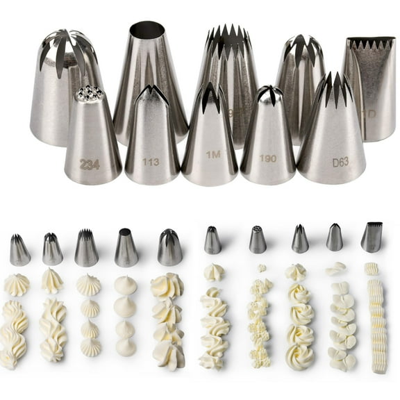 Cake Decorating Icing Piping Tip Set, 10 X-large Decorating Tips Stainless Steel Plus 20 Disposable Pastry Bags