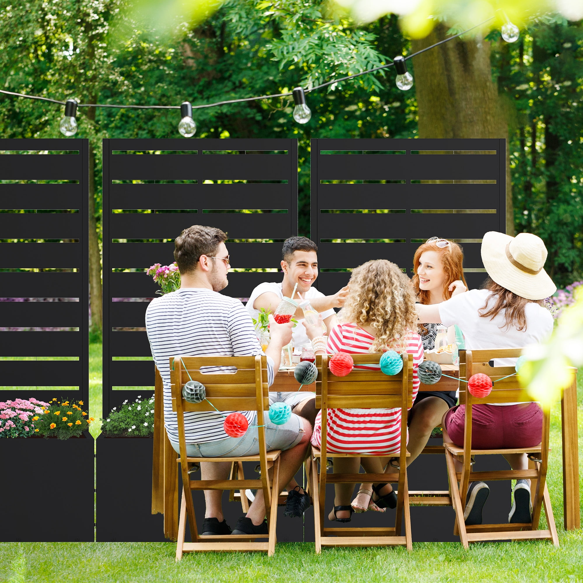 MAYEERTY 2-Set 47*24" Outdoor Black Metal Planter Box with Trellis for Climbing Plants, Louvered Panel