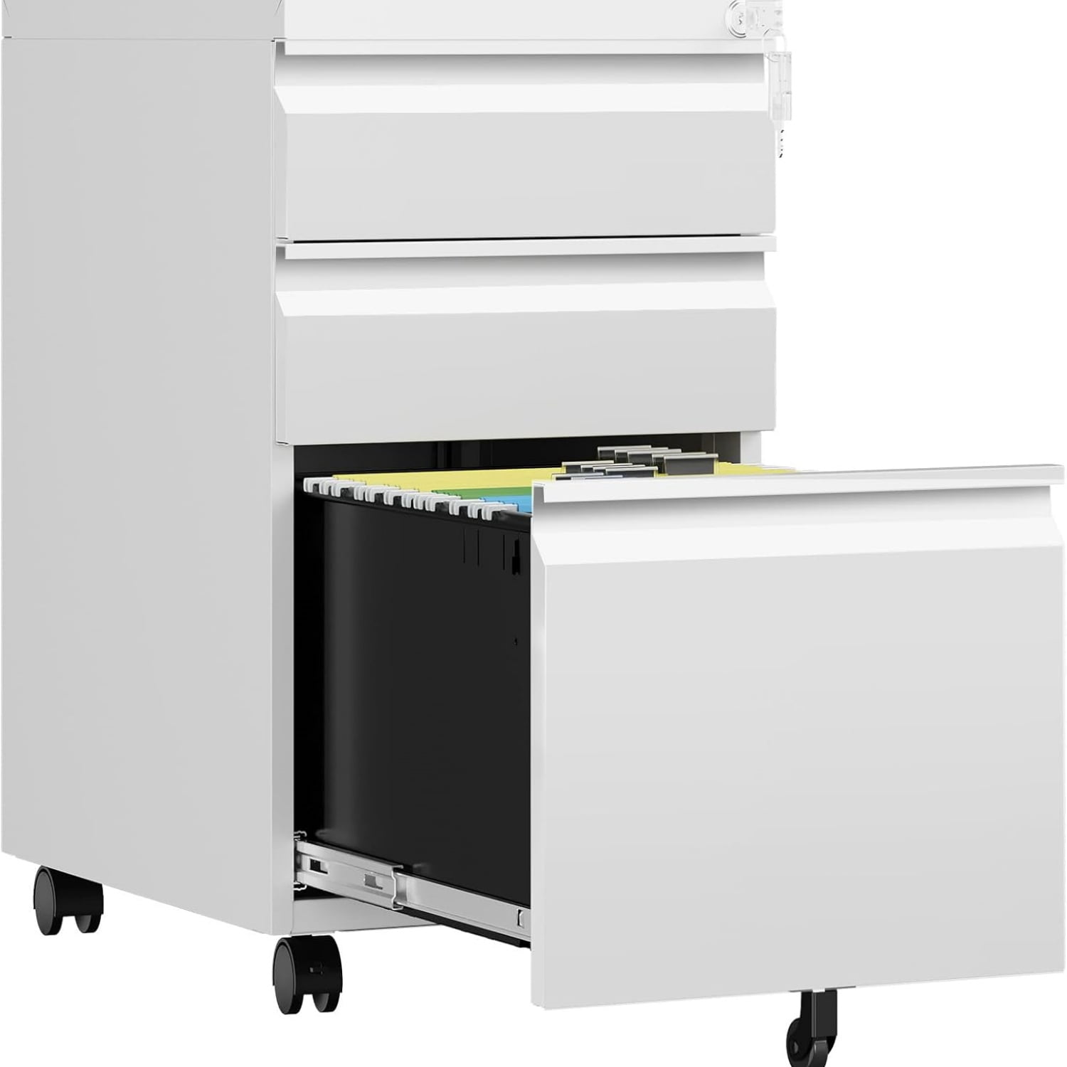 3 Drawer Mobile File Cabinet with Lock, Rolling File Cabinets for Home Office, Under Desk Small File Caninet on wheels, Metal Vertical White Filing Cabnet for Legal/Letter/A4 - Assembly Required