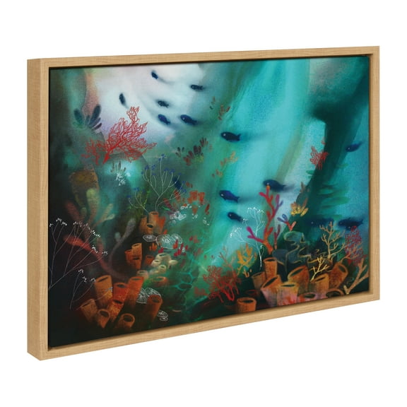 Kate and Laurel Sylvie Coral Cove Framed Canvas Wall Art by Faryn Hughes, 18x24 Natural, Modern Underwater Ocean Art for Wall