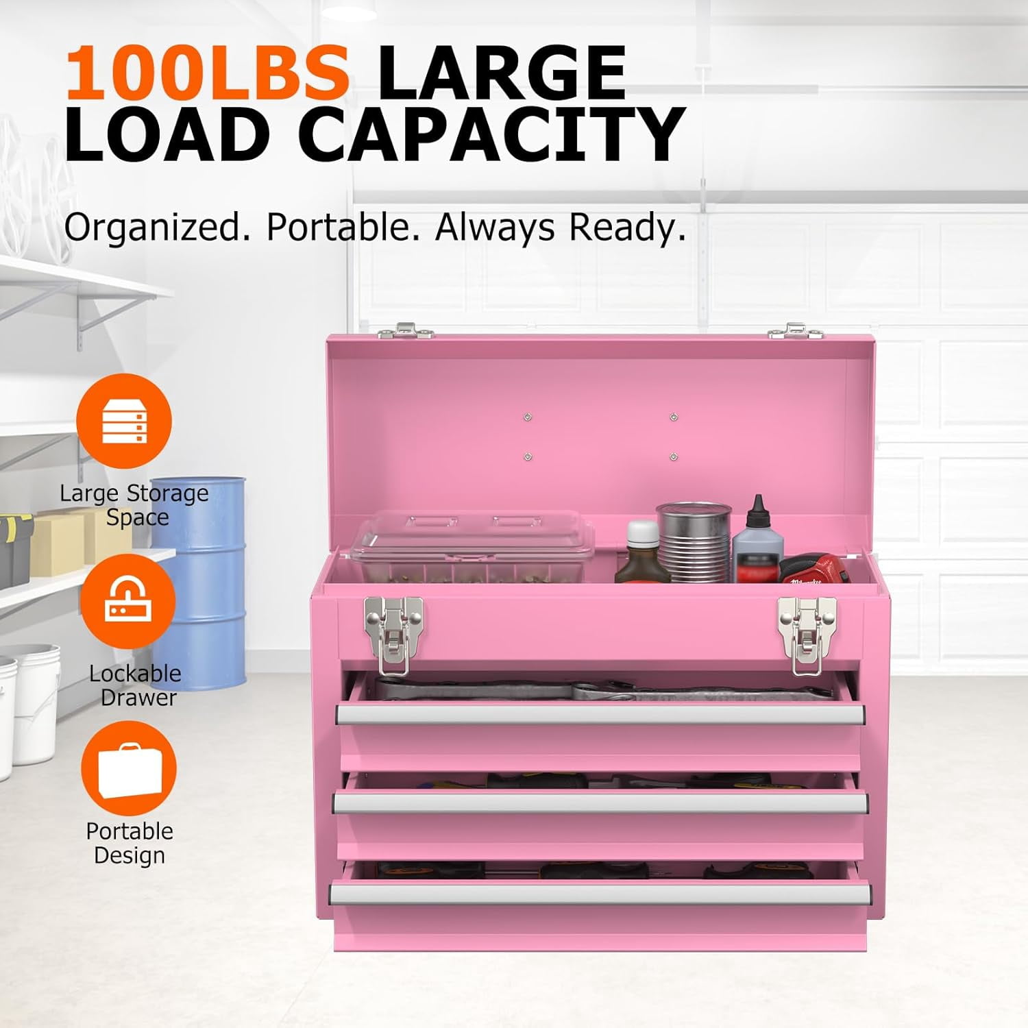 Portable Metal Tool Box with Drawers, Latches Tool Box with EVC Liners, Heavy Duty Tool Chest with Powder Coating for Garage, Office and Home (Pink)