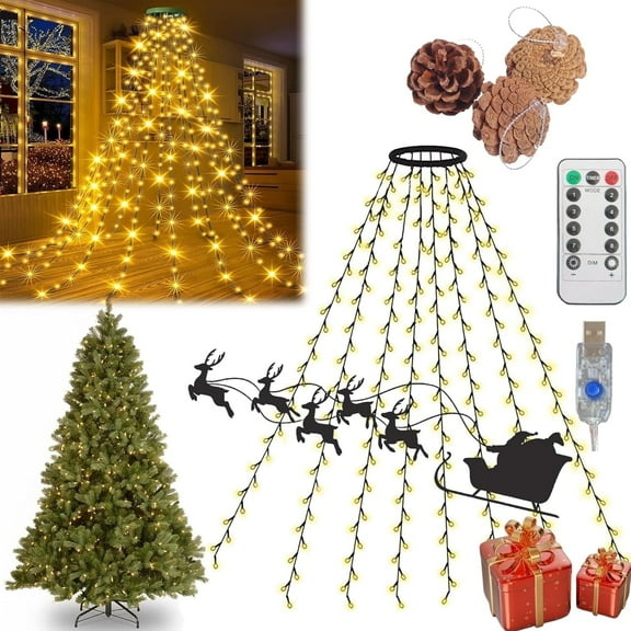 Christmas Tree Lights USB with Timer 10 Strings Kedoxi Xmas String Lights with Ring 4.9FT Easy to Install Christmas Curtain Fairy Tree Light 8Mode 200LED for Xmas Fir Pine Party Decoration Warm White