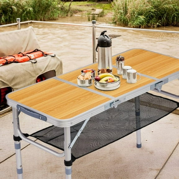 Wooden Pattern Folding Camping Table with 3 Height Settings & Mesh Storage Shelf, 110lb Capacity Portable Table for Outdoor Dining & Activities